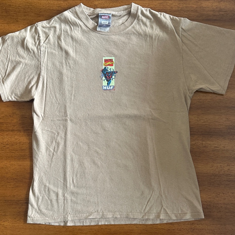 HUF Tan Short Sleeve Graphic Tee with Marvel Chest Print